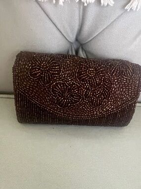 Bijoux Terner Brown Beaded Floral Envelope Clutch